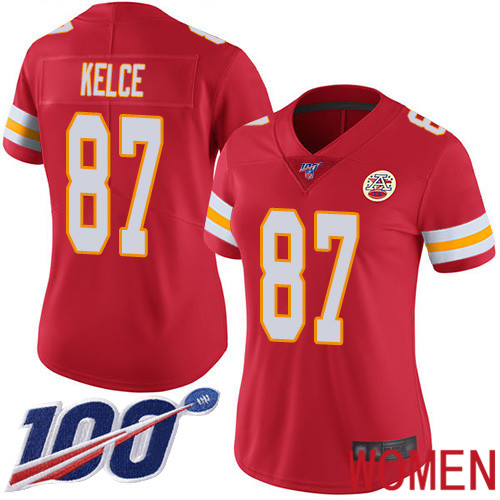 Women Kansas City Chiefs 87 Kelce Travis Red Team Color Vapor Untouchable Limited Player 100th Season Football Nike NFL Jersey